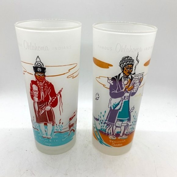 MCM Vintage Blue Eagle Famous Oklahoma Indians Cocktail Glasses Highball